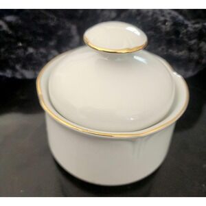 Vintage J.L. Menau White Porcelain Sugar Bowl with Lid Scalloped Gold Trim GDR